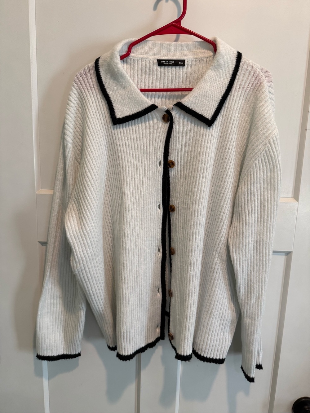 Women's off-white Button-Front Ribbed Cardigan with Black Trim